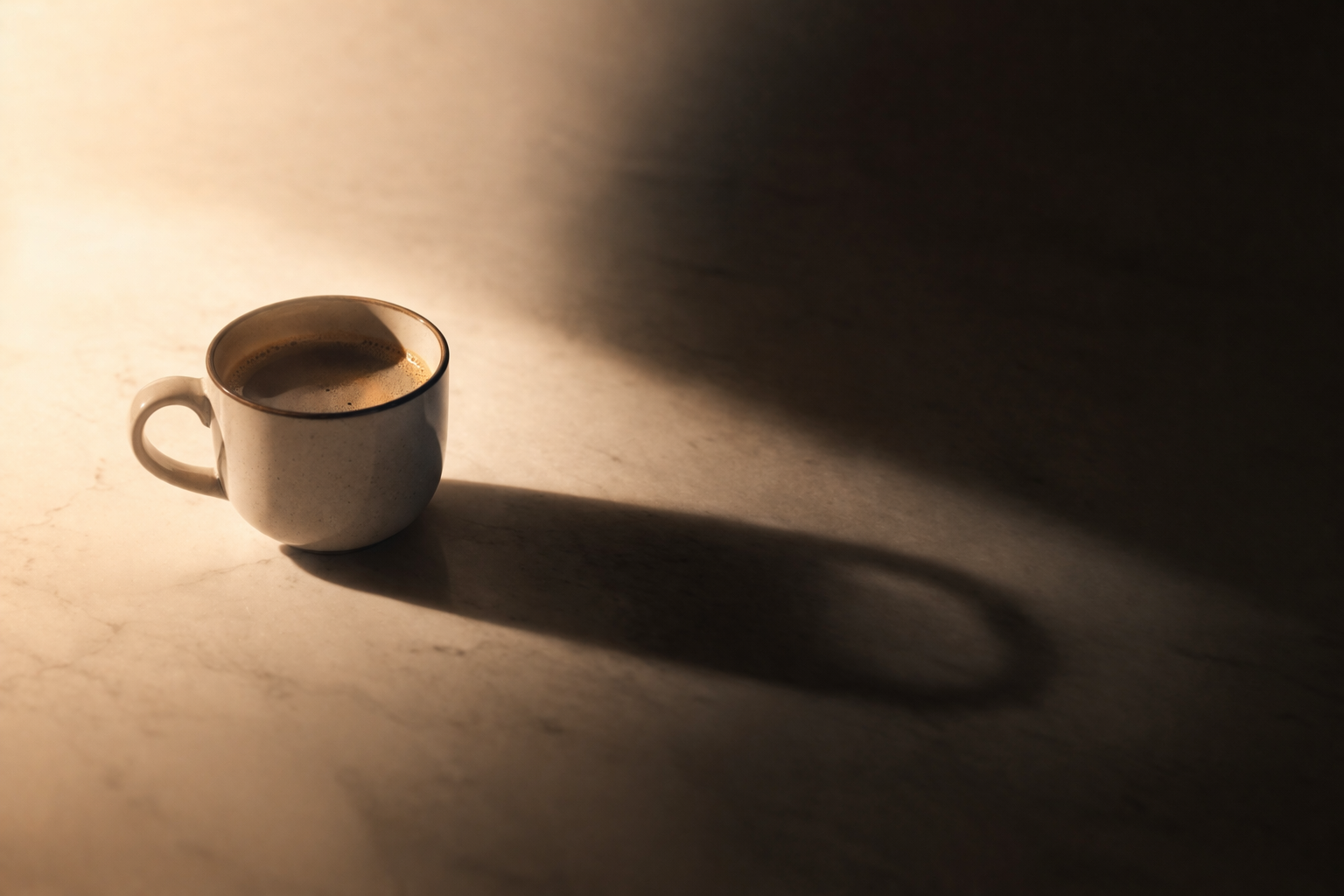 Kaffeetasse mit langem Schatten als Symbol für Energieabfall im Tagesverlauf