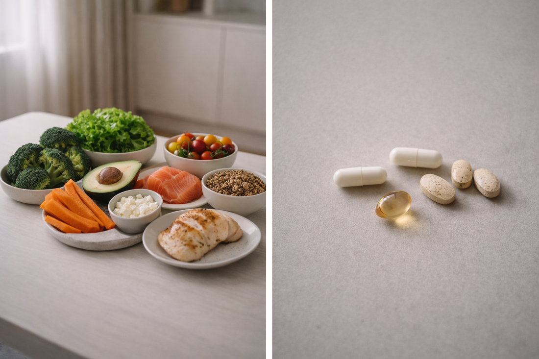 Vergleich zwischen gesunder Ernährung mit frischen Lebensmitteln und Nahrungsergänzungsmitteln in Kapseln